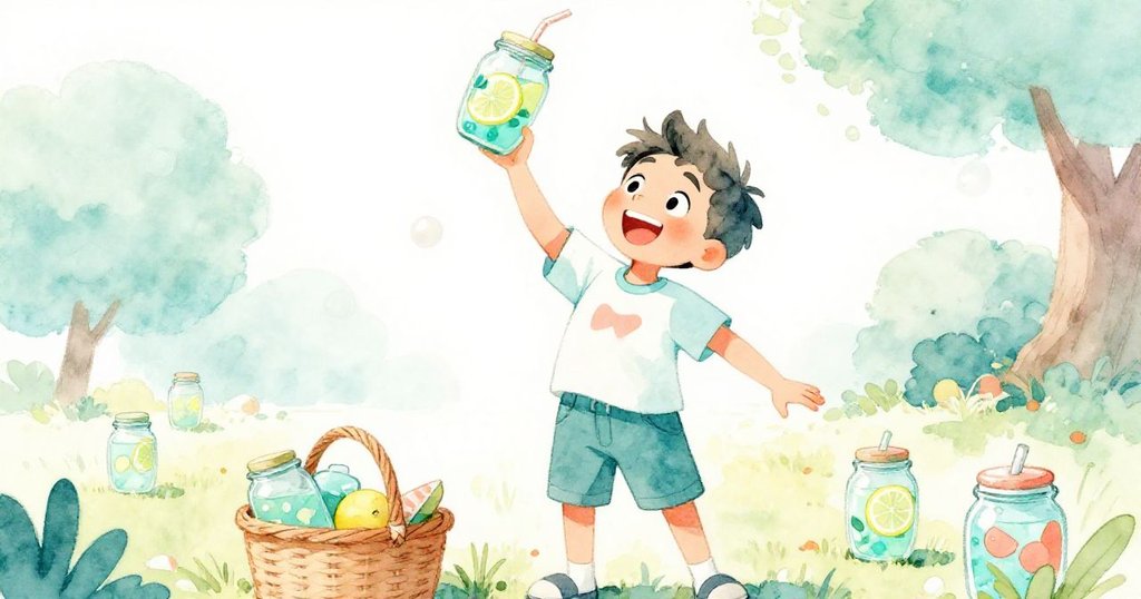 米洛在草地上仔細打開檸檬水罐,快樂敲擊節奏,展現動手互動與陽光明媚的野餐現場