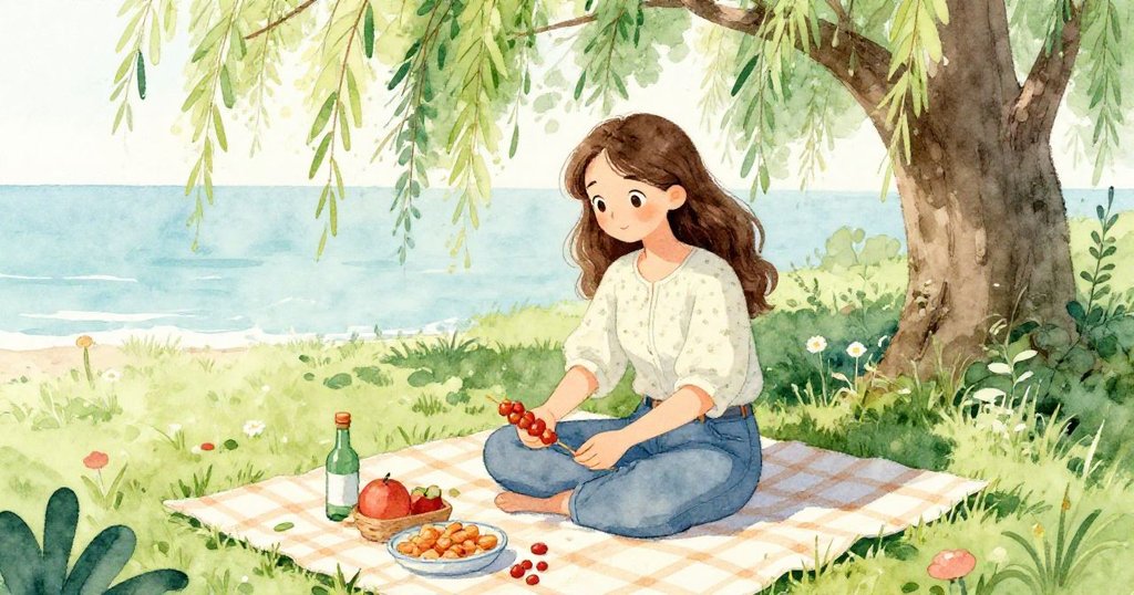 諾拉在垂柳下展開花格野餐墊,仔細點算串燒,背影展現專注與柔和陽光的溫馨場面