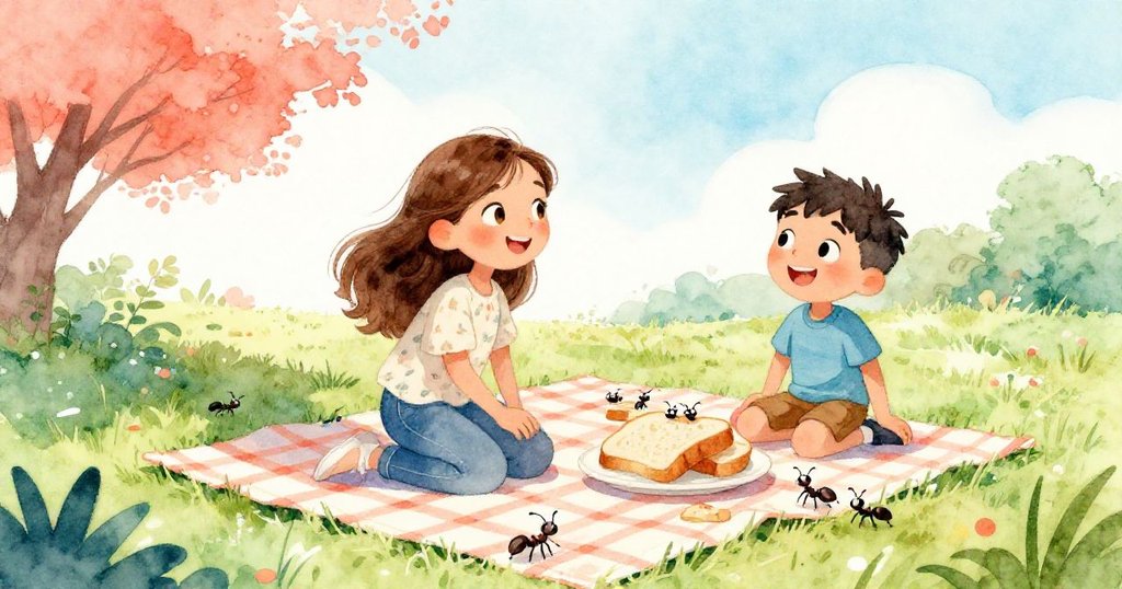 諾拉和米洛於午后草地上野餐,風起桌布飛揚,螞蟻漫步麵包,展現自然調皮與生機