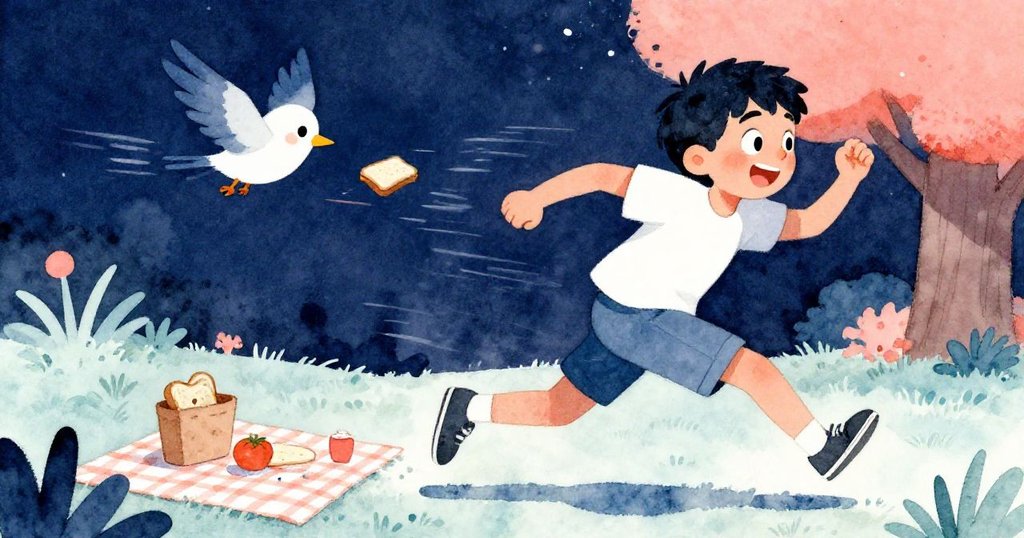 米洛在草地上追逐偷走三明治的調皮鳥,急速奔跑中流露擔心與幽默,營造出匆忙追趕的生動畫面