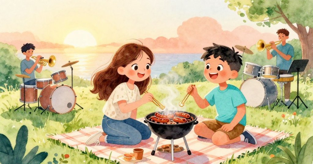 諾拉與米洛在夕陽下享受成功點燃的烤架與熱鬧銅管樂演奏,滿足笑容中呈現野餐結局的溫馨與喜悅