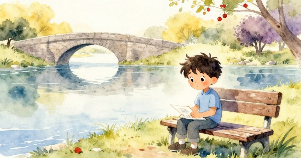 伊萊亞斯在河邊長椅上坐著，拿著畫冊，欣賞石橋和水中倒影，表情專注，早晨光線溫暖。