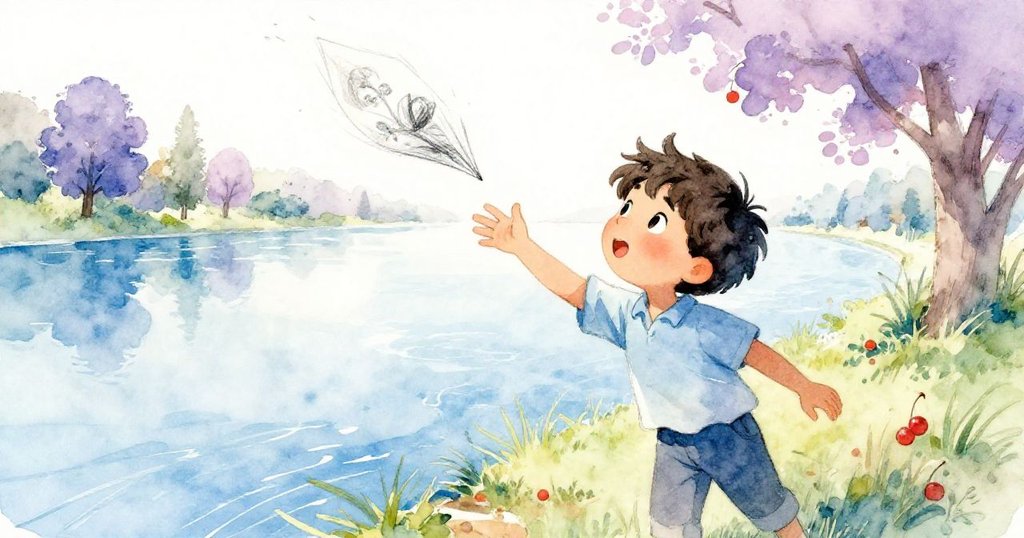 伊萊亞斯在河邊追逐飄動的畫冊，動態抓取紙張，風吹起紙角，現場充滿活力與動感。