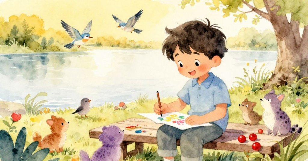 伊萊亞斯在河邊溫柔微笑，周圍有鳥兒和小動物圍繞著他的畫冊，氣氛充滿慶祝與和諧。