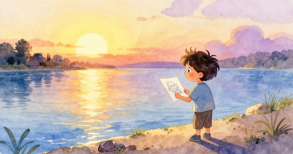 伊萊亞斯在落日餘暉中欣賞他的畫冊，溫暖金光灑落在河邊及遠處樹影上，畫面寧靜祥和。