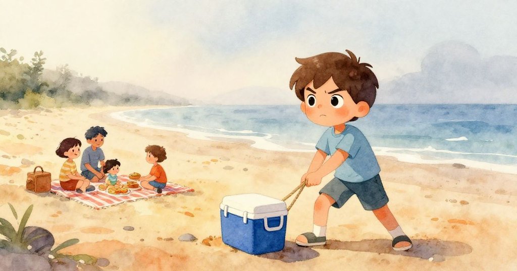 米羅緊握藍色冷藏箱的繩子面對廣闊沙灘，家庭在岩石旁舖著毛毯與烤爐輕煙，晨霧溫柔，充滿期待。