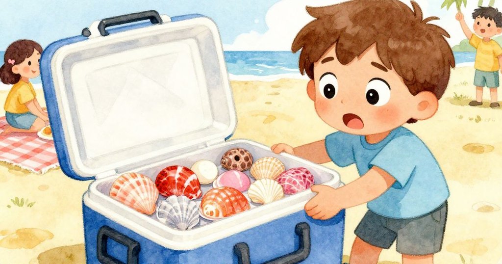 米羅打開冷藏箱露出排列整齊亮麗海螺，臉上驚喜與疑惑交織，旁邊親戚紛紛露出震驚表情。