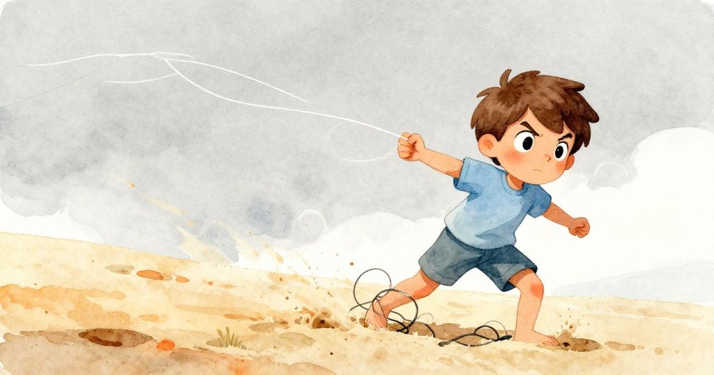 米羅低角度仰望天空，在柔軟沙灘上奮力前行，風吹起風箏線糾纏腳踝，眼中滿是堅定與挑戰。