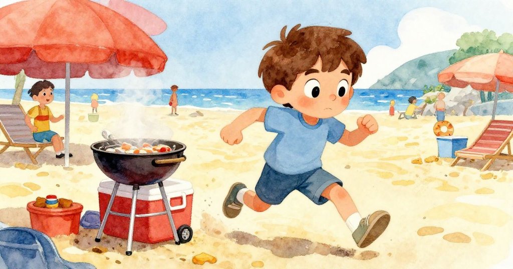 米羅急步衝向隱藏在小烤爐後的冷藏箱，臉上急切與決心交織，家人驚訝注視下海灘生動追逐。