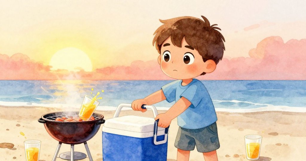 米羅滿意地將正確冷藏箱放在烤爐旁，夕陽溫柔照耀下橙汁映入杯中，臉上流露出完成任務的溫暖與告別之情。