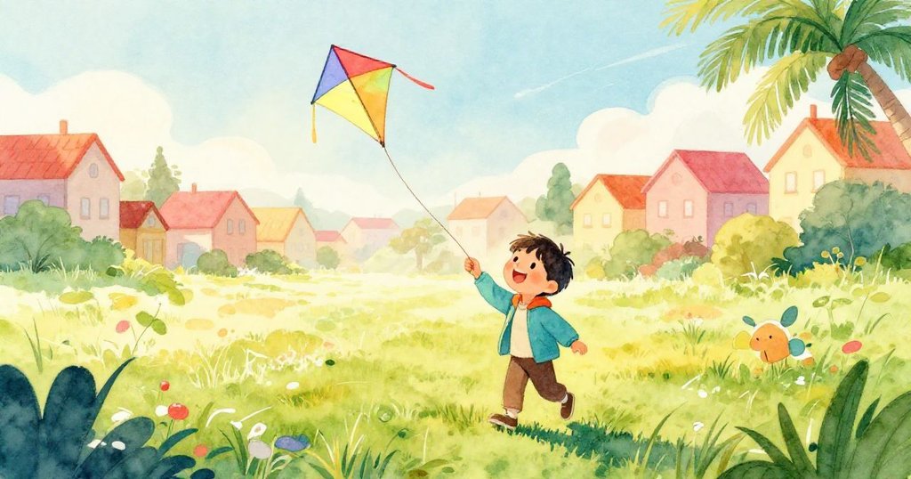 本帶著鮮豔風箏的男孩在晨光中踏入田野，草地上散發著溫暖光線，臉上洋溢著期待與開心。