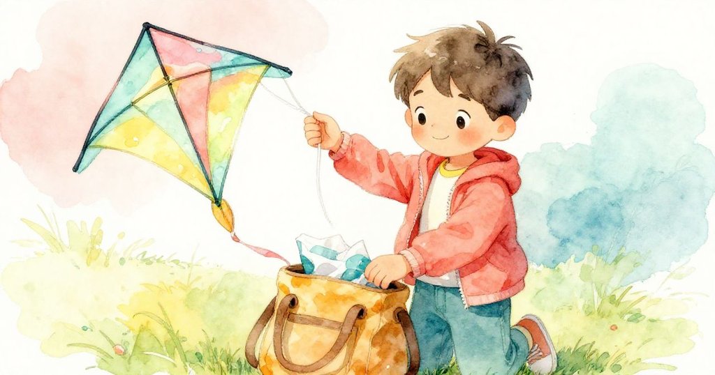 本小心將潮濕風箏摺好放入包中，表情專注且釋然，背景中隱約可見柔和曙光下的田野。