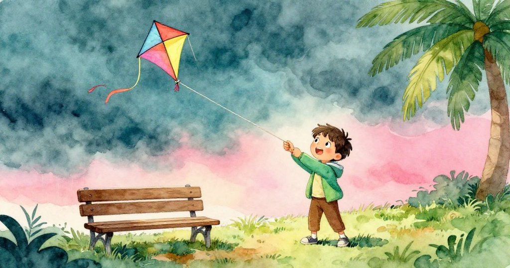 本在高處俯瞰中，男孩小心解開纏於木椅上的風箏線，天邊烏雲密佈，神情顯得緊張且專注。