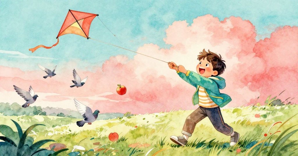 本因風箏猛拉驚覺，旁邊蘋果彈起驚得鴿子飛散，男孩神情驚訝並迅速反應，動態場面充滿活力。