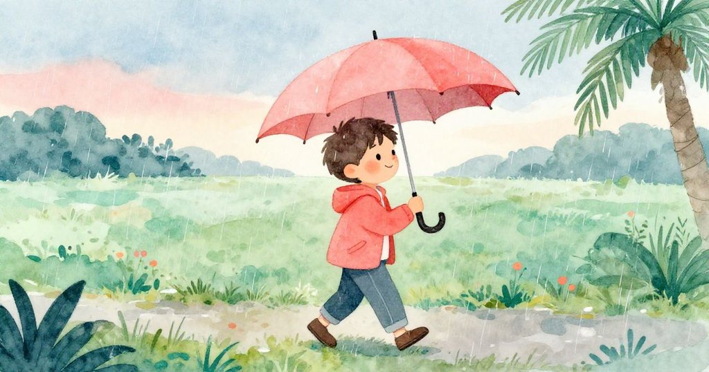 本男孩在輕柔雨中撐傘離開田野，背影溫馨告別冒險午後，夕光映襯著寧靜雨景，滿懷溫暖與平和。