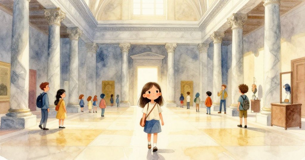 米婭穿著時尚服裝，在明亮的博物館大廳中步入人群，欣賞大理石柱與溫暖光線，表情充滿期待與好奇。