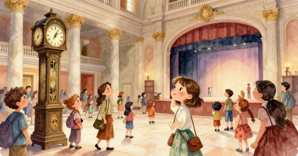 米婭輕輕觸摸古董鐘細節，鏡頭捕捉銅色數字與玻璃後轉動的齒輪，溫暖光線映照出歷史與藝術的融合。