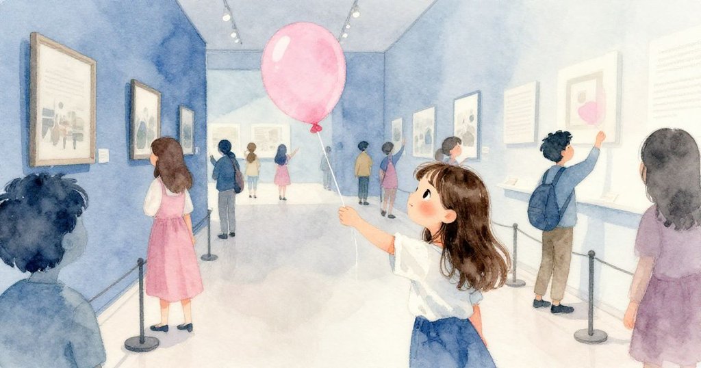 米婭背影穿過擁擠人群，從肩膀拍攝到一個孩子放飛亮麗氣球與輕搖展示繩，臉上帶著既驚訝又專注的神情。