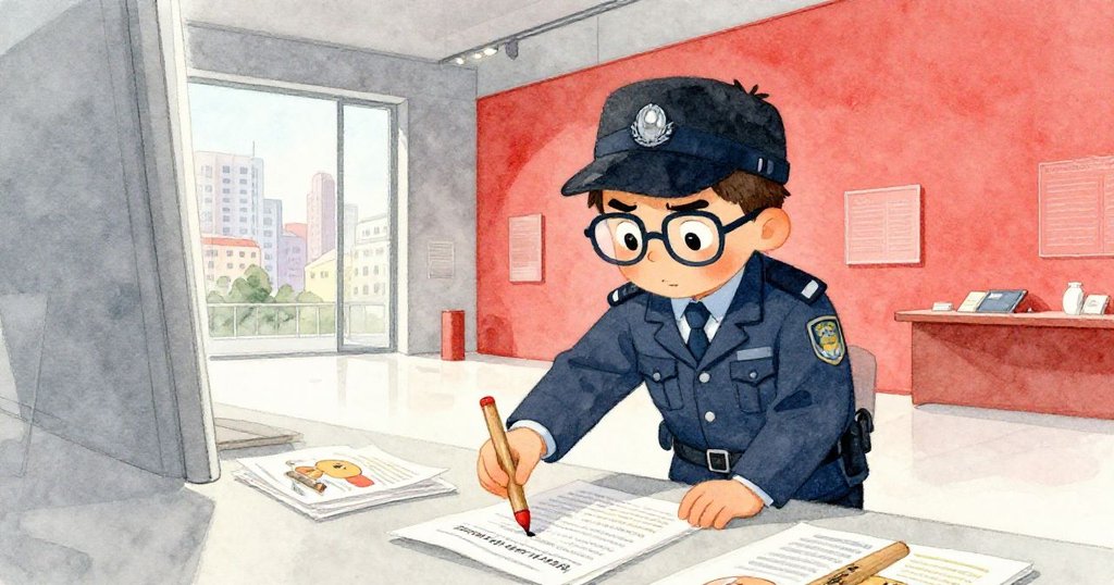 檢查員急步拾起倒落木質告示牌與散落宣傳單，博物館內華麗展品與窗外現代城市交相輝映，表情專注而急切。