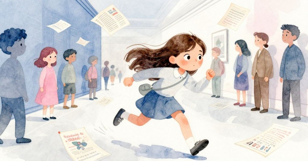 米婭在擁擠大廳中靈巧躲過散亂宣傳冊，快速閃過人群，表情堅定而略帶緊張，動感十足。