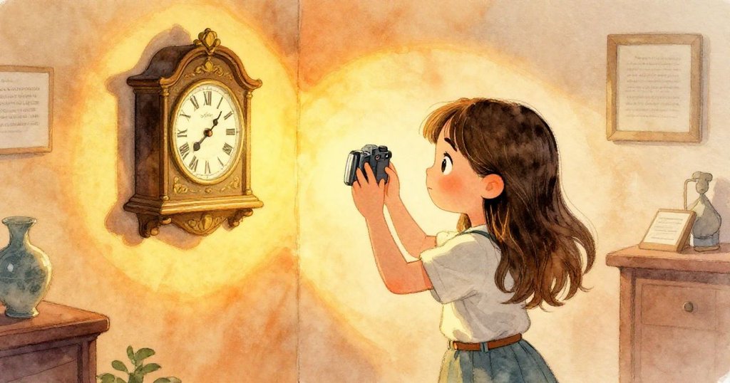 米婭在寧靜角落專注拍攝古董鐘，金色夕陽灑落在展品上，表情充滿希望與成就，溫暖景致動人心弦。