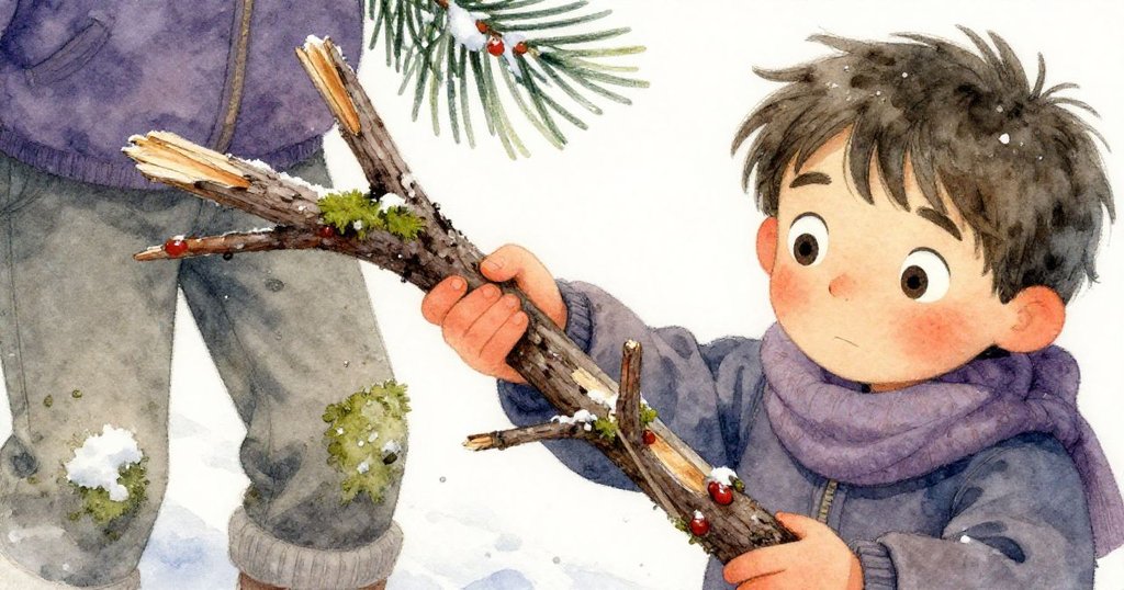 Tomas的手緊握著粗糙樹枝，手指微皺，細節清晰呈現樹皮碎片與濕潤苔蘚，展現行程中細膩挑戰。