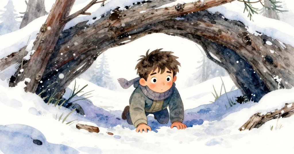 透過倒下樹枝縫隙觀察，Tomas小心爬行於狹窄通道，雪花落在衣領上，表情專注中展現隱秘冒險。