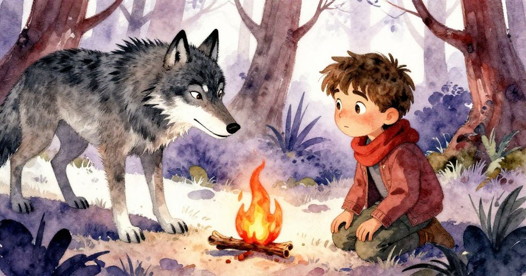 在隱蔽森林空間中，Tomas與披著灰黑毛皮的狼相遇，狼輕放火痕樹枝於靴旁，兩者皆顯驚訝情緒，氣氛神秘。