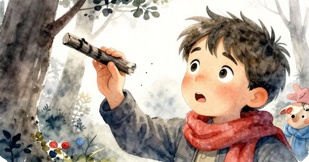 Tomas彎腰拾起神秘樹枝，臉上浮現驚喜與感激表情，樹枝上炭黑條紋細節豐富，森林背景隱約映襯關鍵轉折。