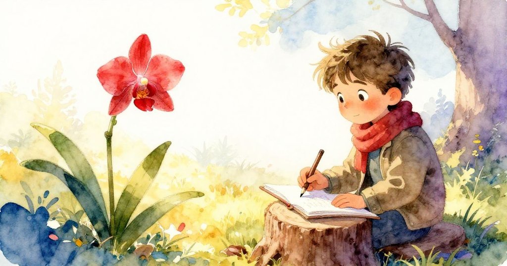 在充滿溫暖金光的林間空地上，Tomas安坐樹樁專注描繪一朵猩紅蘭花，雪花輕融髮上，整個場景寧靜美好。