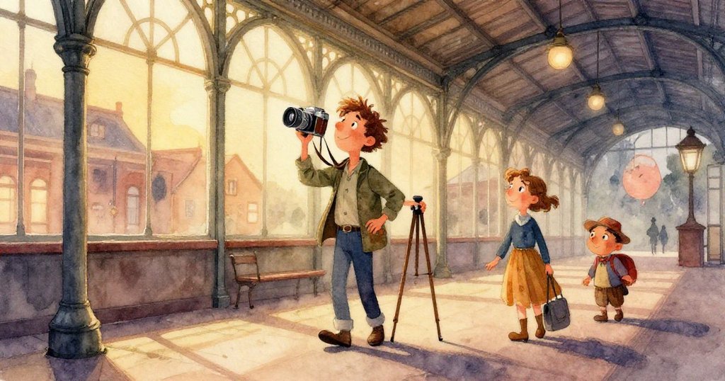 米洛輕觸老式相機銅邊，細緻呈現懷舊質感，背景隱約流露出車站氛圍，充滿溫暖記憶。