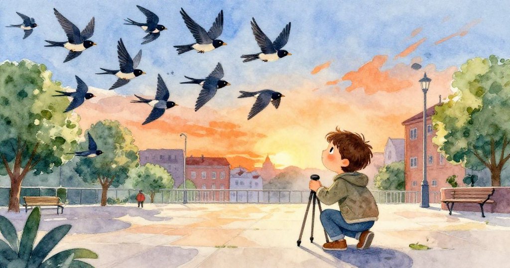 米洛蹲下架設腳架，背景中群鳥展翅飛舞，從鳥眼視角呈現車站廣場動感繁忙景象，充滿驚奇。