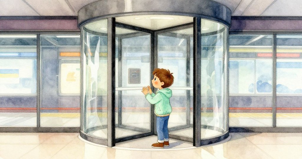 米洛站在旋轉門前仔細觀察玻璃反光與霓虹燈光，輕推門扇感受車站現代都市魅力，流露出專注神情。