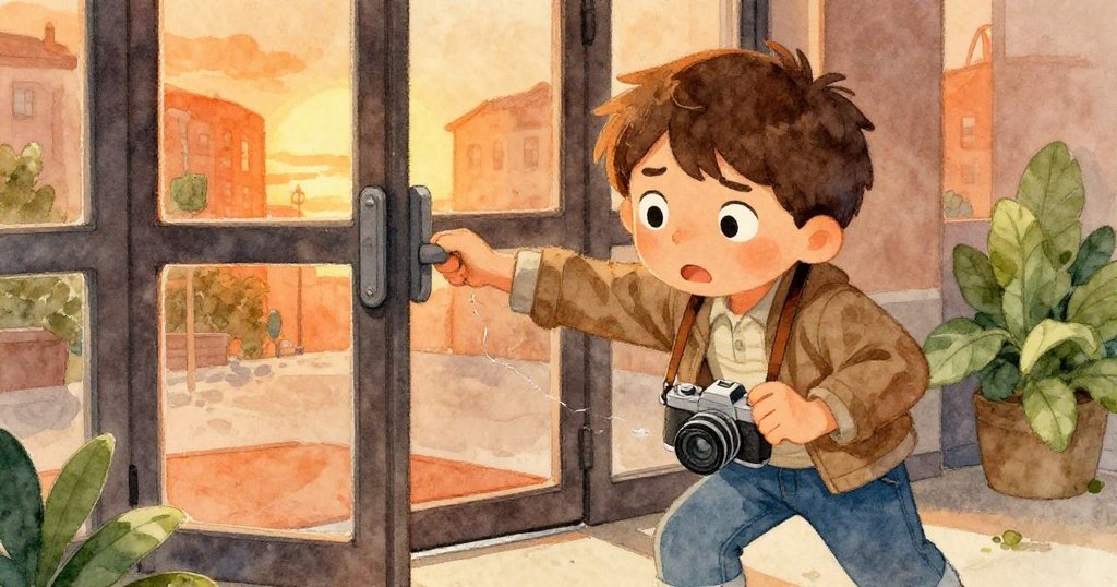 米洛使勁推旋轉門，肩部緊繃表情堅定，同時用力掙脫卡住的相機帶，展現出面對挑戰的決心。