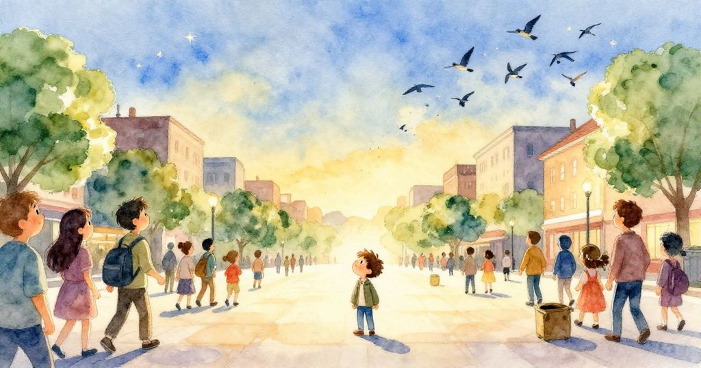 米洛在繁忙的廣場中顯得微小，周圍人群熙攘，群鳥盤旋劃出寬闊天空，展現都市宏大景觀與動感。