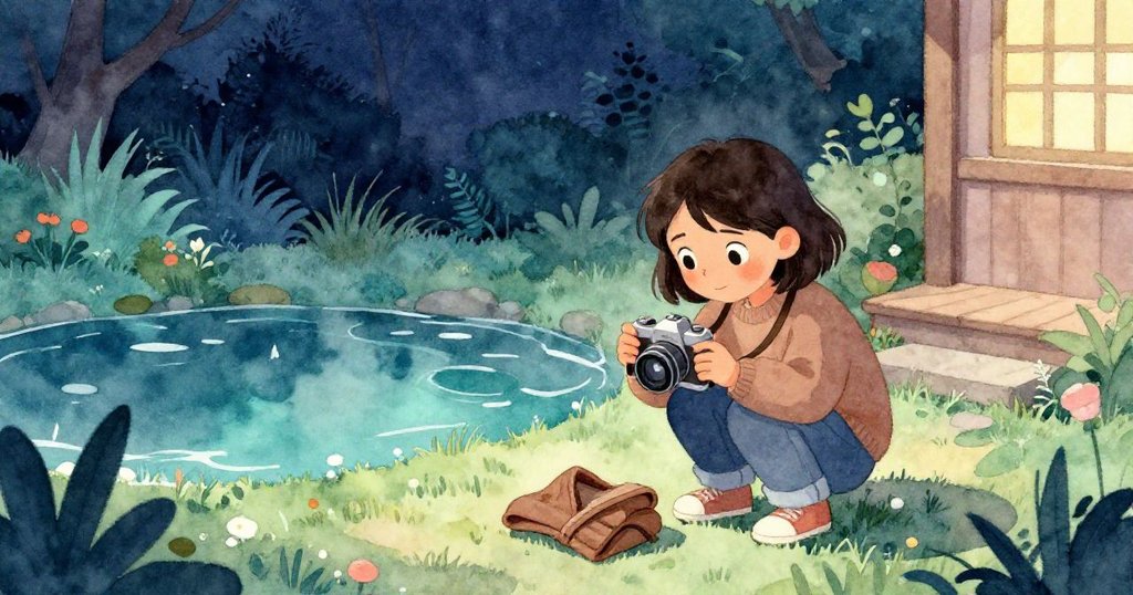 凱雅在黃昏花園池塘邊蹲下設置舊相機，背景呈現深藍與珊瑚色柔和燈光，她神情認真，環境寧靜而充滿期待。