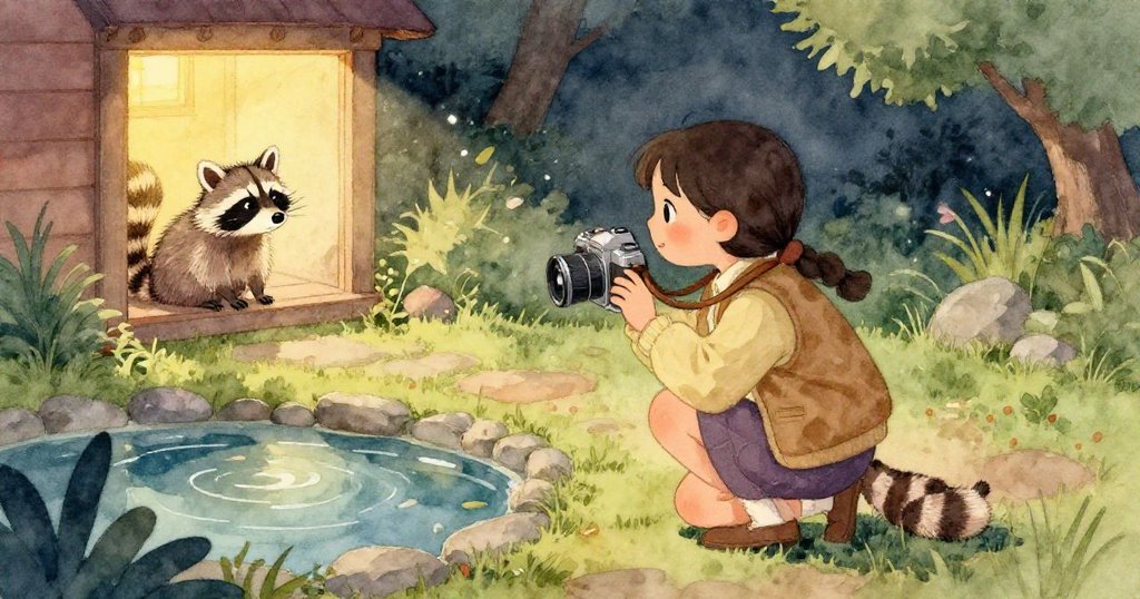 凱雅的舊相機特寫中紅燈閃爍，顯示電量低，背景隱約呈現花園元素，表現出挑戰與期待。