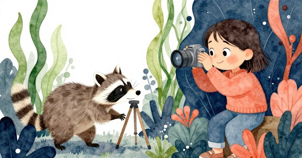 凱雅在傾斜角度畫面中調整相機對焦，淘氣浣熊靠近三腳架，互動生動，背景有蕨類植物與柔和燈光。