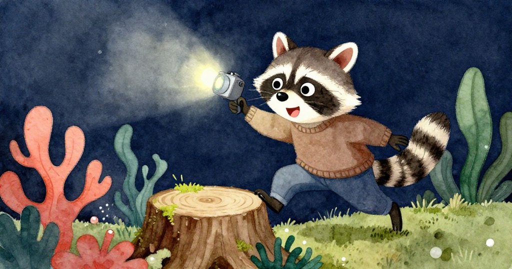 在強光閃爍中，浣熊驚跳到青苔樹樁上，凱雅驚訝反應，畫面充滿動感與光影對比。