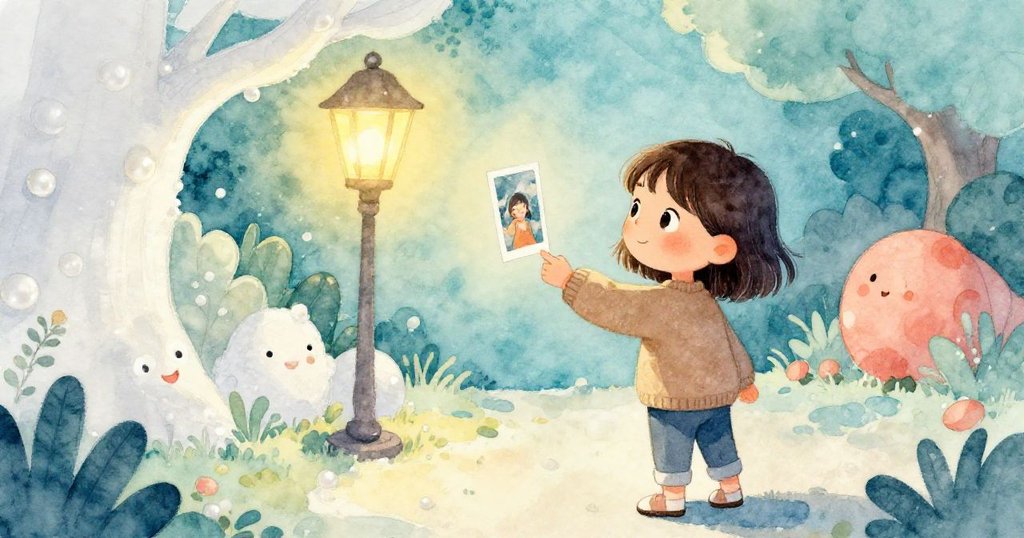 凱雅在柔和花園燈光下擦拭相機屏幕，輕輕回顧驚喜照片，背景寧靜溫暖，呈現奇幻夜晚的尾聲。