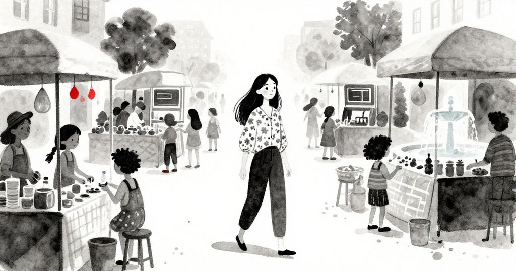 米拉穿過熙攘市集，走向噴泉旁的拱廊，背景中攤販和人群營造熱鬧氛圍，她神情堅定且步履輕快。