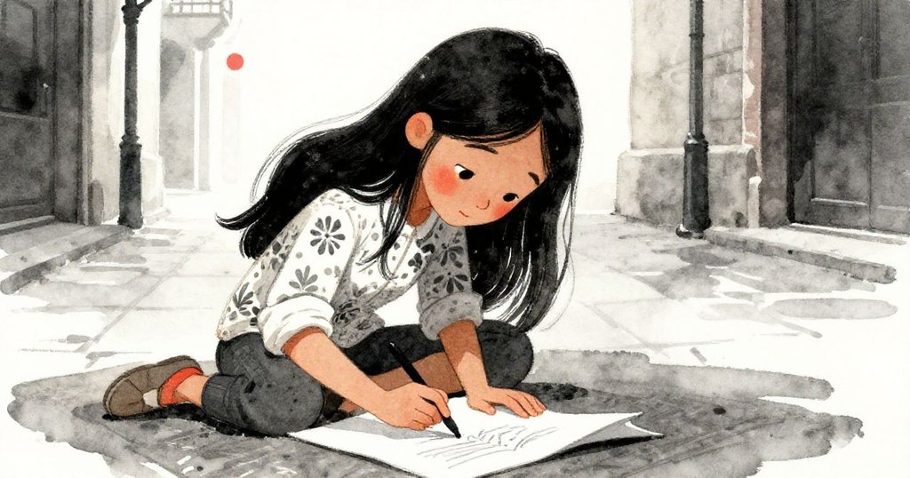 米拉坐在地墊上，用炭筆在摺紙上仔細繪製，臉上顯露專注與溫柔，背景隱約帶有市集氣息。