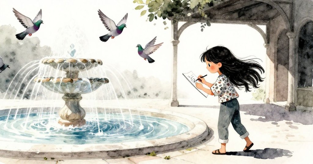在噴泉邊，綠紫鴿子飛舞，米拉站在拱廊陰影下細緻觀察畫面，捕捉午間自然生動節奏。