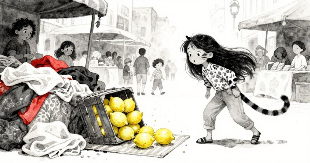 豹貓突然現身，掀起檸檬箱顫動，檸檬滾落至米拉地墊上，她驚訝表情與混亂市集互動精彩呈現。