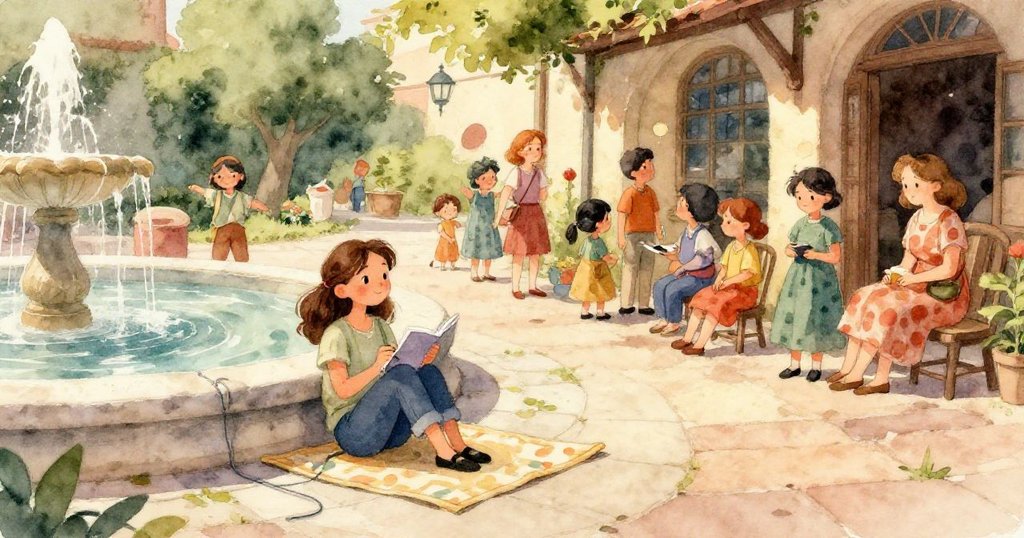 市集慢慢恢復寧靜，從高處看到米拉地墊上散落炭筆屑和濕潤筆記本，呈現混亂後的柔和平靜。