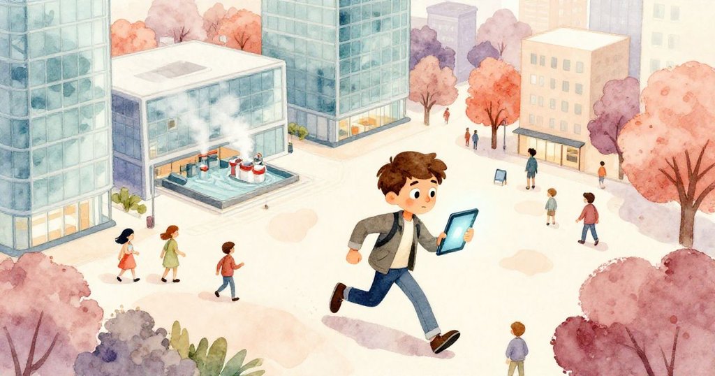 Felix在廣場中飛奔，手持平板查數據，蒸汽繚繞玻璃大廳，陽光明媚，神情充滿期待與活力。