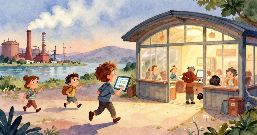 Felix聚精會神地注視著手中平板，眼神中流露堅定與好奇，光線映照出都市背景與科技感。