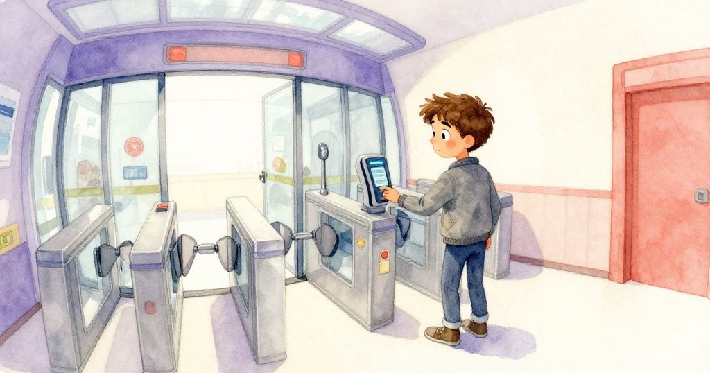 Felix在控制大廳入口處操作轉閘，按下閃爍的讀卡器，金屬臂輕輕擺動，畫面帶有趣味變形效果。