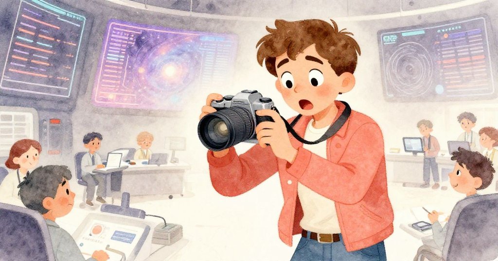 Felix驚訝中迅速重設相機，臉上流露出內心掙扎與決心，背景中工程師忙於調整光線和瞬間變化的屏幕。