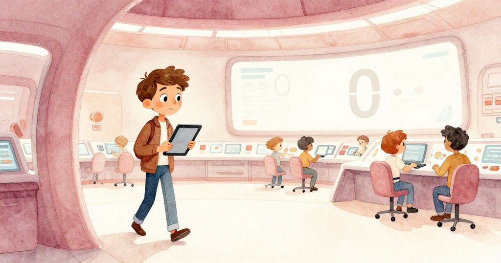 Felix背向控制大廳出口，手持平板胸前緊貼，背景顯示大螢幕上數字歸零，工程師逐漸歸整，氛圍漸趨平靜與續篇暗示。